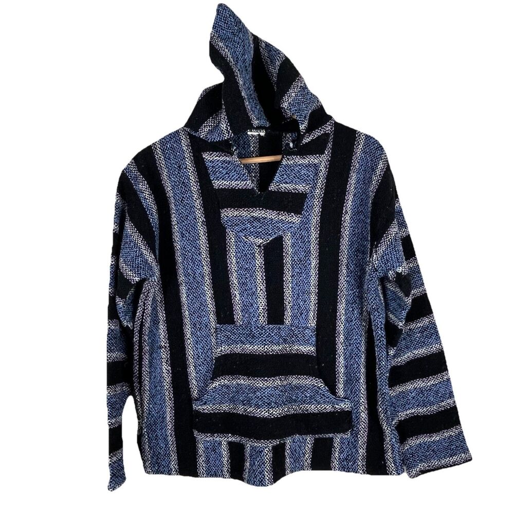 Vintage Mexican Baja Hoodie Blue Black Striped Pullover Kangaroo Pocket M - Picture 2 of 9